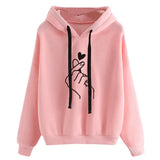 Harajuku Women's Sweatshirt and Hoody Ladies Oversize K Pop Yellow Pink Love Heart Finger Hood Casual Hoodies for Women Girls 210518