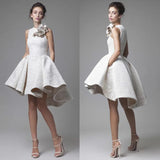 Lace Wedding Dresses Krikor Jabotian Jewel Sleeveless High Low Wedding Dresses Short A-Line Beach Bridal Gowns With Flower