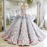 Luxury Quinceanera Ball Gown Dresses 3D Floral Lace Applique Cap Sleeves Sweet 16 Floor Length Sheer Back Puffy Party Prom Evening Gown