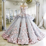 Luxury Quinceanera Ball Gown Dresses 3D Floral Lace Applique Cap Sleeves Sweet 16 Floor Length Sheer Back Puffy Party Prom Evening Gown