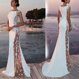 Summer White Bohemian Beach Mermaid Wedding Dresses  Lace Satin Jewel Lapel Bridal Gowns Sweep Train Length Mermaid Dress