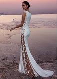 Summer White Bohemian Beach Mermaid Wedding Dresses  Lace Satin Jewel Lapel Bridal Gowns Sweep Train Length Mermaid Dress