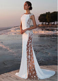 Summer White Bohemian Beach Mermaid Wedding Dresses  Lace Satin Jewel Lapel Bridal Gowns Sweep Train Length Mermaid Dress