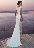 Summer White Bohemian Beach Mermaid Wedding Dresses  Lace Satin Jewel Lapel Bridal Gowns Sweep Train Length Mermaid Dress