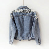 Spring Autumn Woman Basic Coats Women Denim Jacket Pearls Beading Fashion Jeans Coat Loose Long Sleeve Jackets w1021