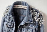 Spring Autumn Woman Basic Coats Women Denim Jacket Pearls Beading Fashion Jeans Coat Loose Long Sleeve Jackets w1021