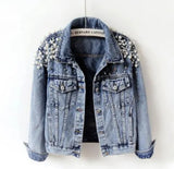 Spring Autumn Woman Basic Coats Women Denim Jacket Pearls Beading Fashion Jeans Coat Loose Long Sleeve Jackets w1021