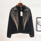 Spring Summer Woman Denim Coat Beading Rivet Vintage Boyfriend Style Jacket Female Chic Fashion Long Sleeve 210603