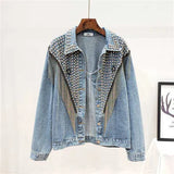 Spring Summer Woman Denim Coat Beading Rivet Vintage Boyfriend Style Jacket Female Chic Fashion Long Sleeve 210603