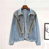 Spring Summer Woman Denim Coat Beading Rivet Vintage Boyfriend Style Jacket Female Chic Fashion Long Sleeve 210603