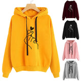 Harajuku Women's Sweatshirt and Hoody Ladies Oversize K Pop Yellow Pink Love Heart Finger Hood Casual Hoodies for Women Girls 210518