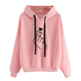 Harajuku Women's Sweatshirt and Hoody Ladies Oversize K Pop Yellow Pink Love Heart Finger Hood Casual Hoodies for Women Girls 210518