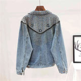 Spring Summer Woman Denim Coat Beading Rivet Vintage Boyfriend Style Jacket Female Chic Fashion Long Sleeve 210603