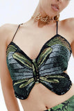 Greatnfb Butterfly Halter Tie-back Crop Top