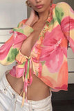 Greatnfb Floral V Neck Ruffled Long Sleeve Tops