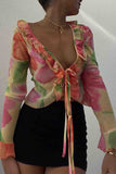 Greatnfb Floral V Neck Ruffled Long Sleeve Tops