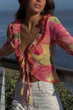 Greatnfb Floral V Neck Ruffled Long Sleeve Tops