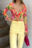 Greatnfb Floral V Neck Ruffled Long Sleeve Tops