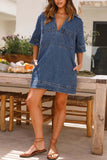 Greatnfb Denim Lapel V Neck Mini Dress