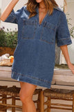 Greatnfb Denim Lapel V Neck Mini Dress