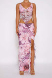 Greatnfb Floral Print Cami Vest Ruffle Midi Skirt Suits