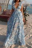 Greatnfb Floral V Neck Ruffled Cutout Backless Dress