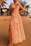 Greatnfb Floral V Neck Ruffled Cutout Backless Dress