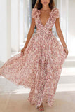 Greatnfb Floral V Neck Ruffled Cutout Backless Dress