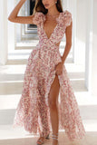 Greatnfb Floral V Neck Ruffled Cutout Backless Dress