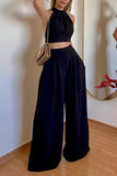 Greatnfb Halterneck Backless Tie Crop Top Wide Leg Pants Set