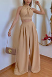 Greatnfb Halterneck Backless Tie Crop Top Wide Leg Pants Set