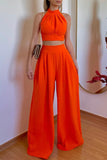 Greatnfb Halterneck Backless Tie Crop Top Wide Leg Pants Set