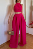 Greatnfb Halterneck Backless Tie Crop Top Wide Leg Pants Set