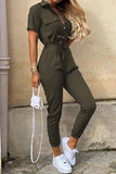 Greatnfb Lapel Button Waist Tie Short Sleeve Jumpsuit