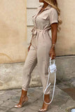 Greatnfb Lapel Button Waist Tie Short Sleeve Jumpsuit