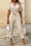 Greatnfb Lapel Button Waist Tie Short Sleeve Jumpsuit