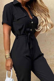 Greatnfb Lapel Button Waist Tie Short Sleeve Jumpsuit