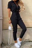 Greatnfb Lapel Button Waist Tie Short Sleeve Jumpsuit