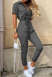 Greatnfb Lapel Button Waist Tie Short Sleeve Jumpsuit