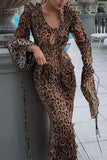 Greatnfb Leopard Print Ruffled Slit Long Sleeve Dress