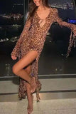 Greatnfb Leopard Print Ruffled Slit Long Sleeve Dress