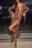 Greatnfb Leopard Print Ruffled Slit Long Sleeve Dress