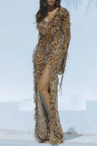 Greatnfb Leopard Print Ruffled Slit Long Sleeve Dress