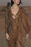 Greatnfb Leopard Print Ruffled Slit Long Sleeve Dress