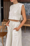 Greatnfb Linen Crop Tops Sleeveless Lace Up Pant Set