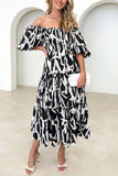 Greatnfb Puff Sleeve Printed Smocked Tiered Dress