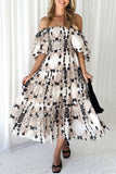 Greatnfb Puff Sleeve Printed Smocked Tiered Dress