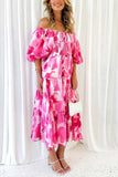 Greatnfb Puff Sleeve Printed Smocked Tiered Dress