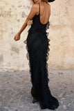 Greatnfb V Neck Ruffled Backless Slit Cami Dress