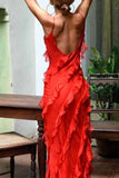 Greatnfb V Neck Ruffled Backless Slit Cami Dress